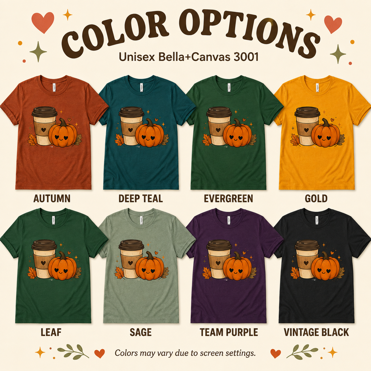 A color chart showing all the color options for Pumpkin Latte fall coffee graphic t-shirt.