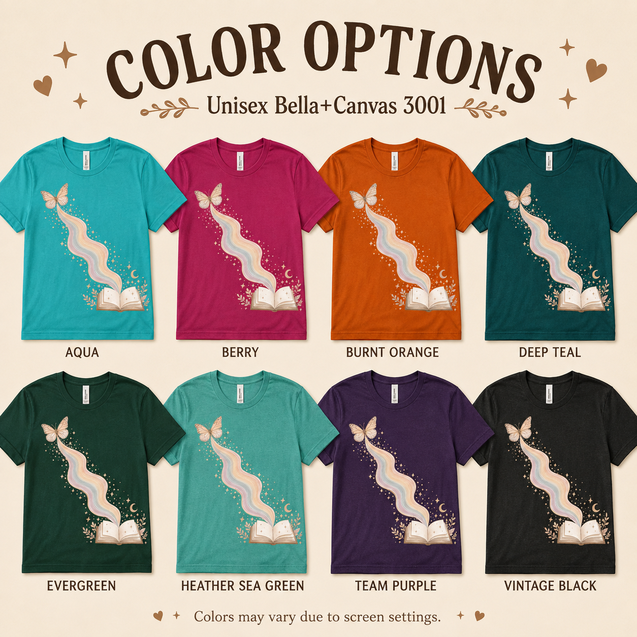 A color chart showing all the color options for Rainbow Book whimsical book graphic t-shirt.