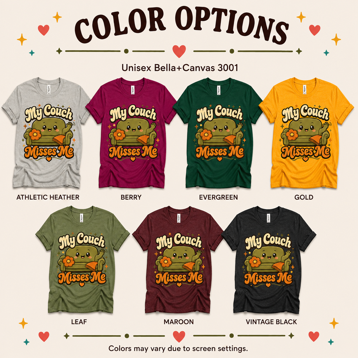 A color chart showing all the color options for My Couch Misses Me funny introvert graphic t-shirt.