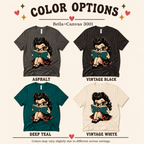 A color chart showing all the color options for Bookworm Betty graphic t-shirt.