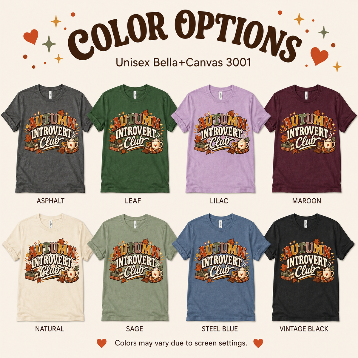A color chart showing all the color options for Autumn Introvert Club cute fall graphic t-shirt.