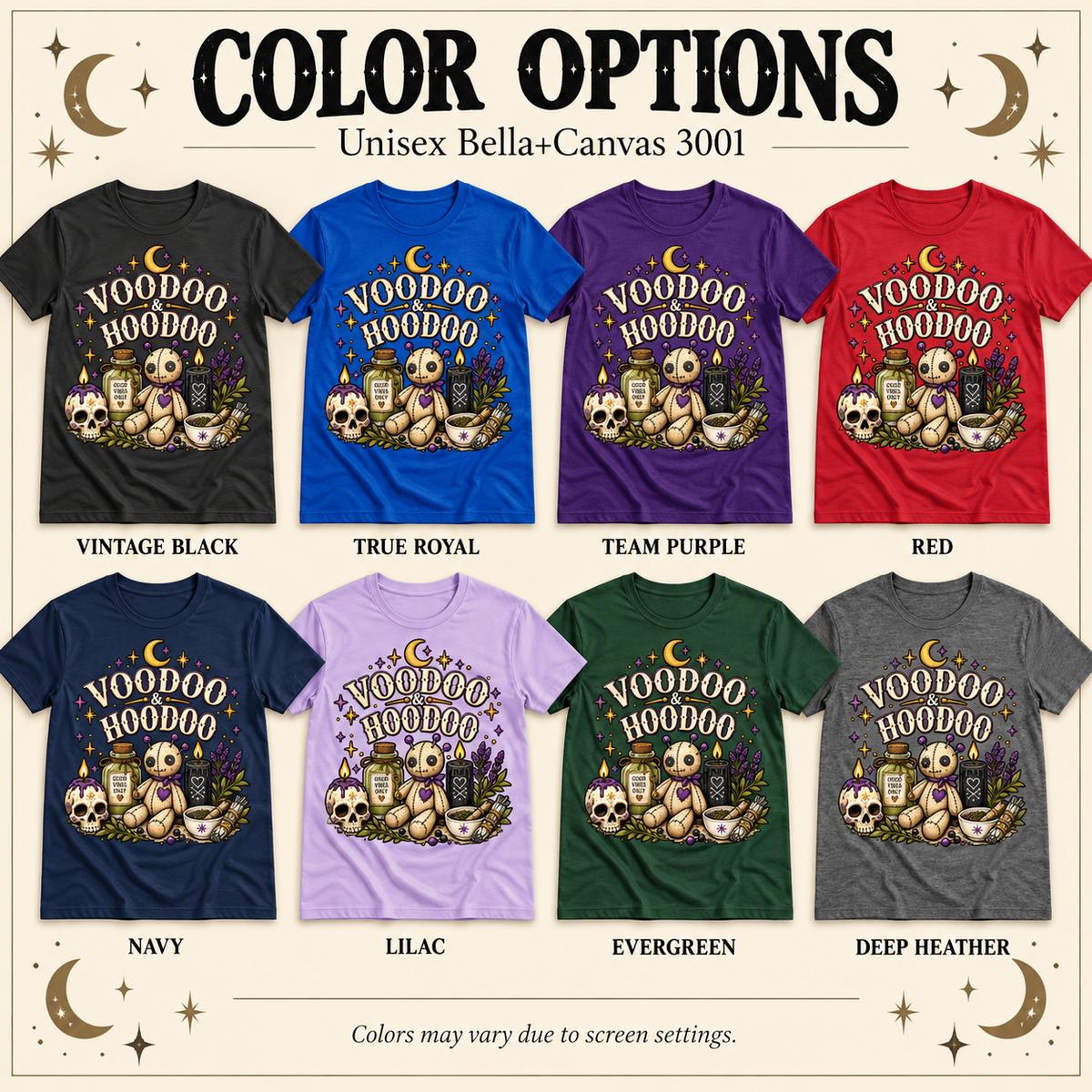 A color chart showing all the color options for Voodoo & Hoodoo cute mystical graphic t-shirt.