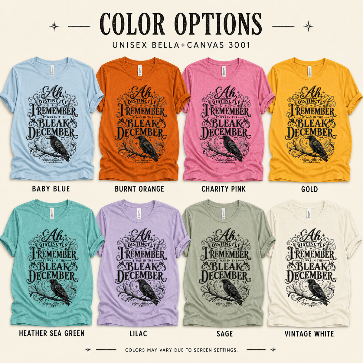 A color chart showing all the color options for Bleak December book quote graphic t-shirt.