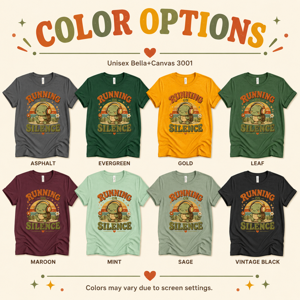 A color chart showing all the color options for Running On Silence cute animal graphic t-shirt.