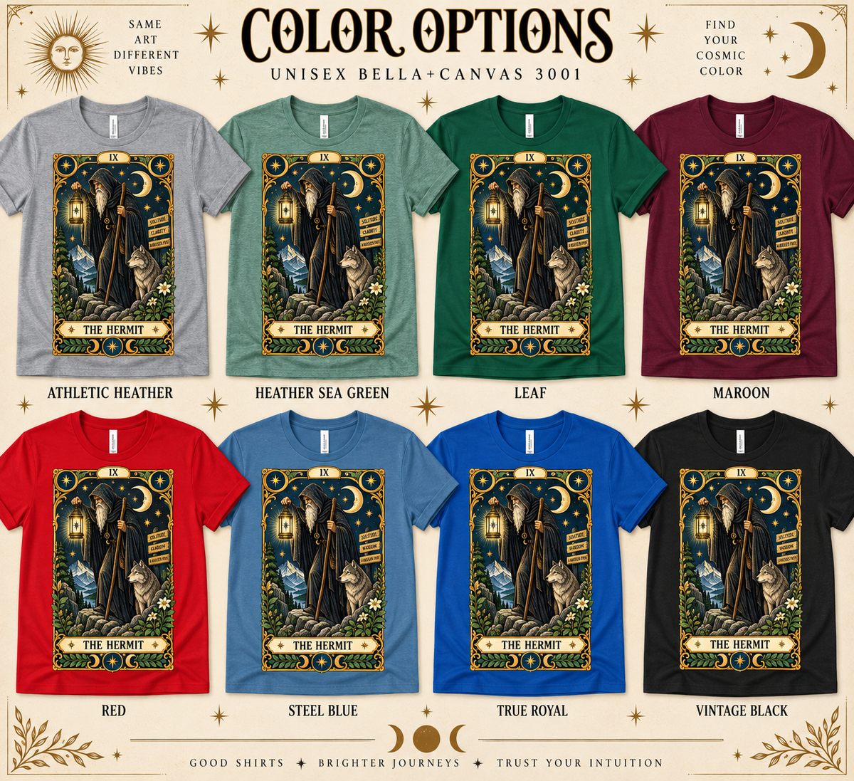 A color chart showing all the color options for The Hermit tarot card graphic t-shirt.