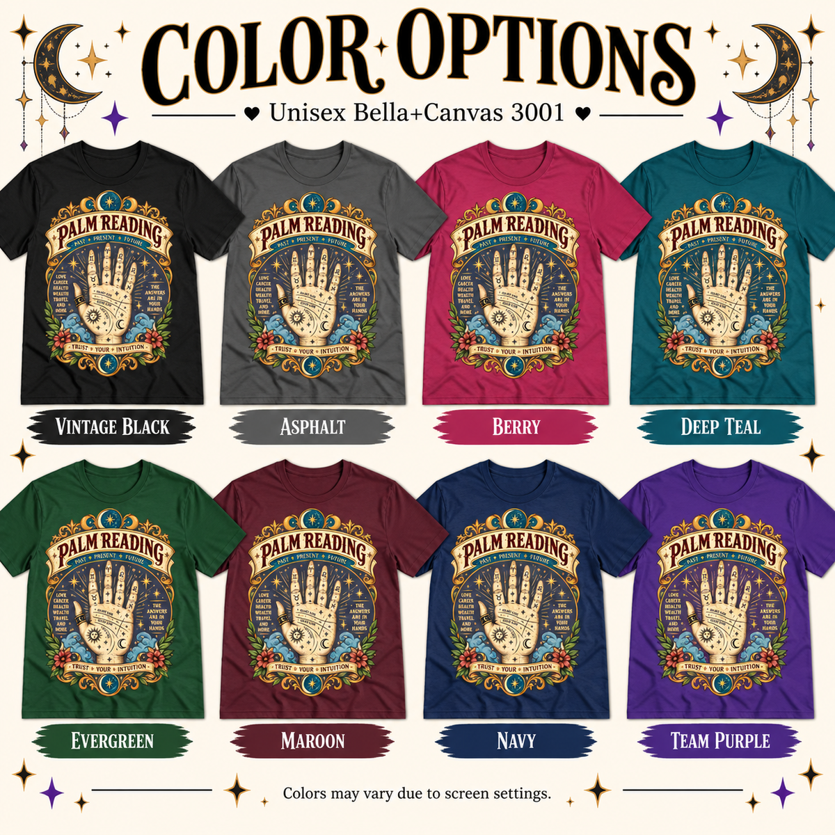A color chart showing all the color options for Palm Reading retro mystical graphic t-shirt.