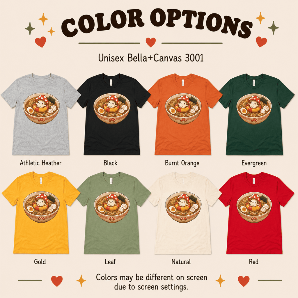 Mushroom Float color chart showing all color options available for this graphic t-shirt.