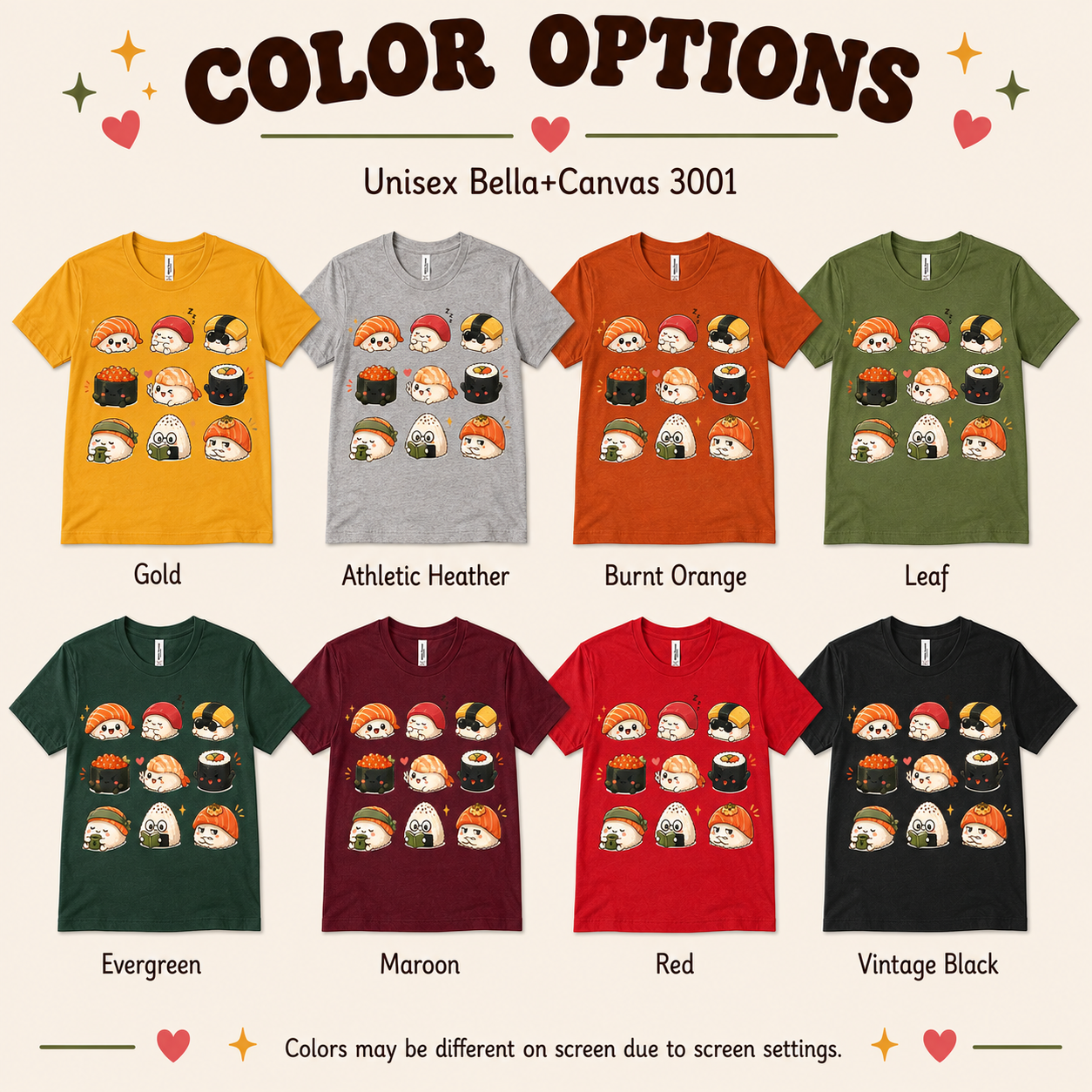 Sushi color chart showing all color options available for this graphic t-shirt.
