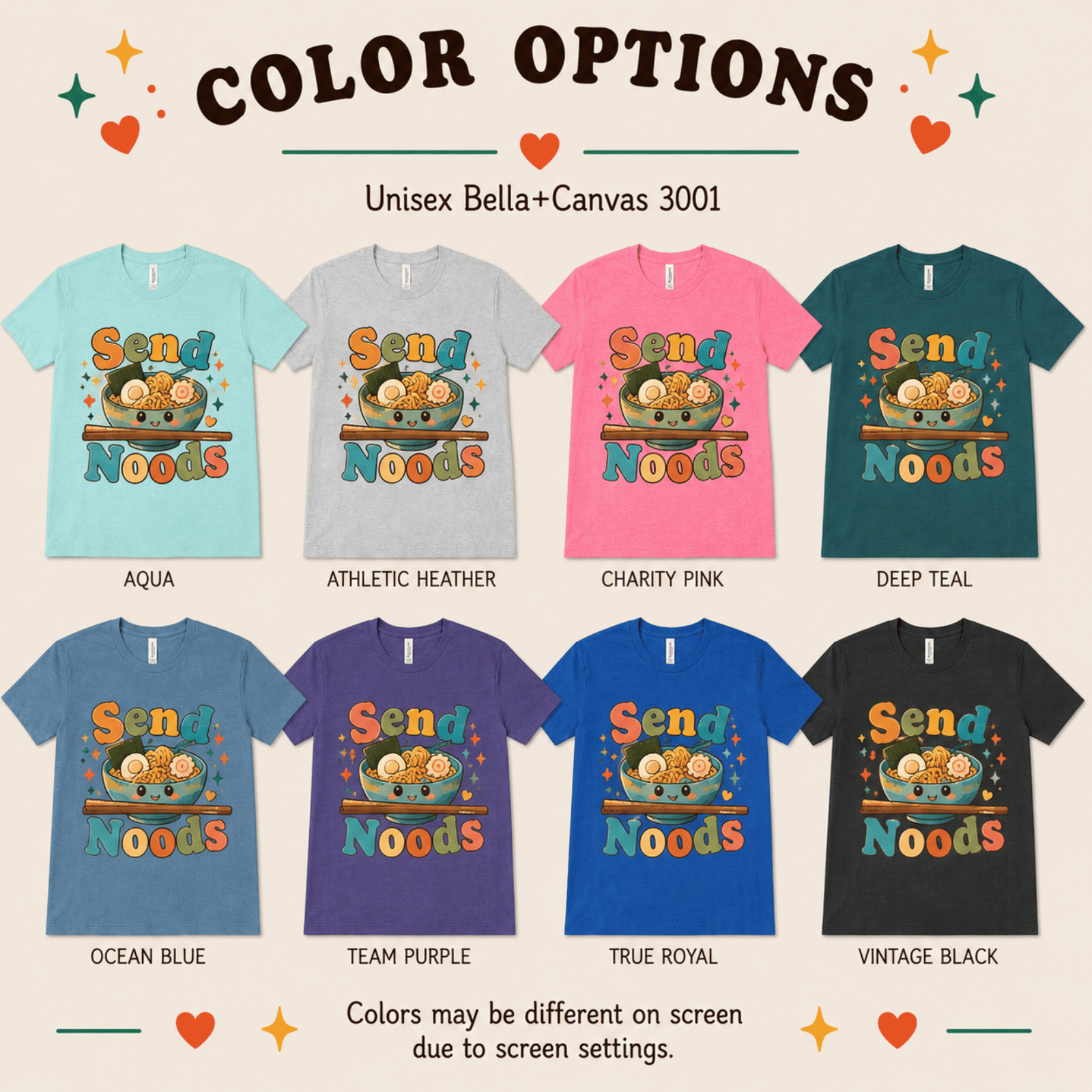 Send Noods color chart showing all color options available for this graphic t-shirt.