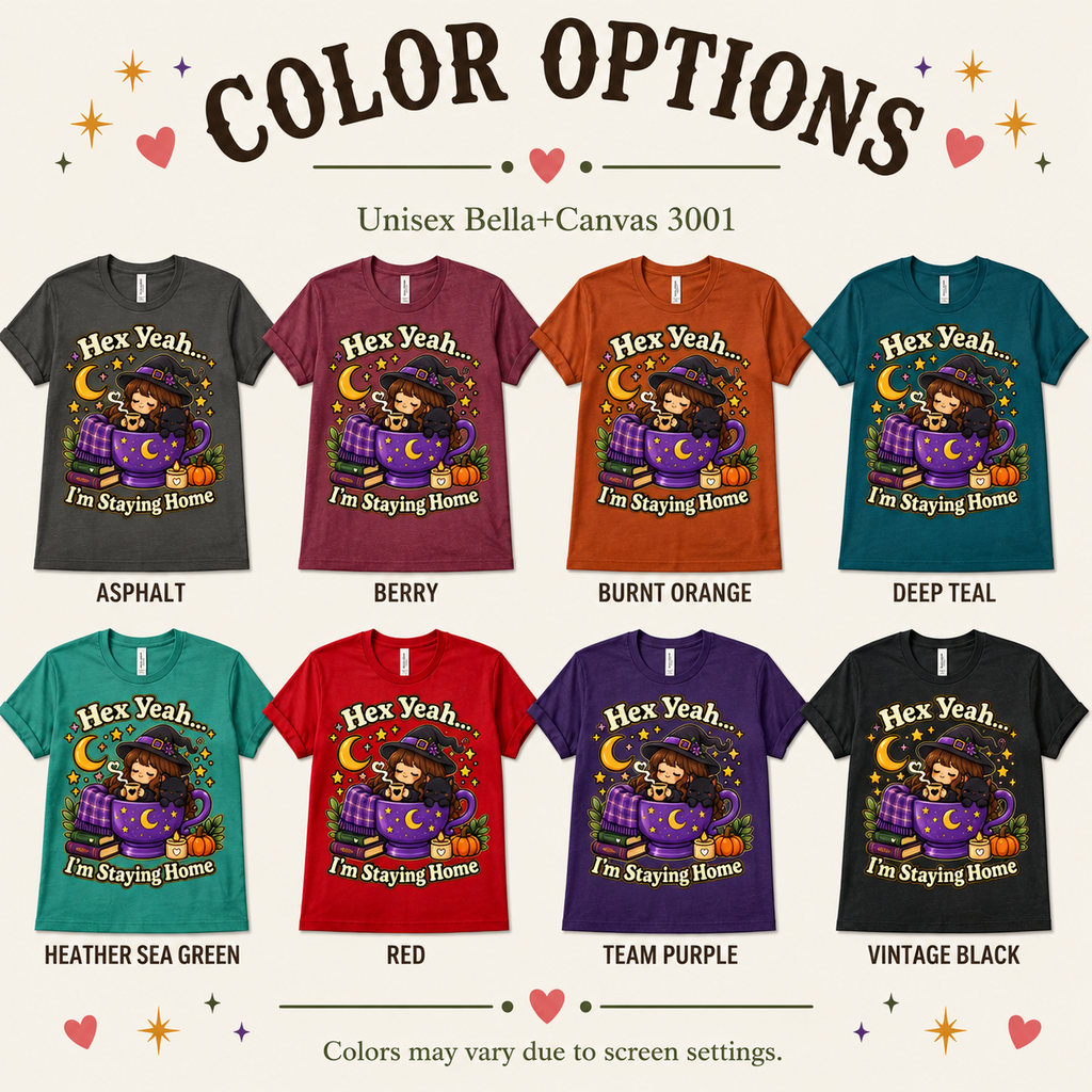 A color chart showing all the color options for Hex Yeah cute witchy graphic t-shirt.