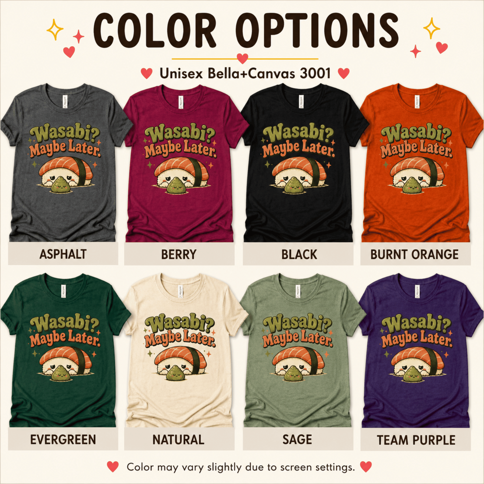 Wasabi color chart showing all color options available for this graphic t-shirt.