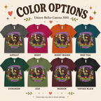 A color chart showing all the color options for Currently Brewing cute witchy graphic t-shirt.