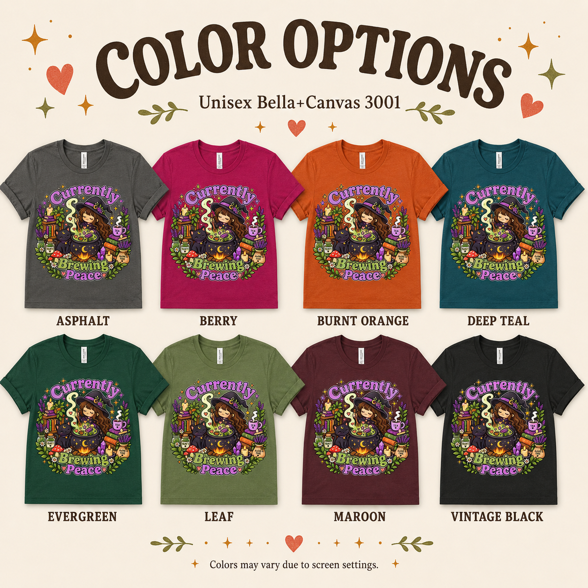 A color chart showing all the color options for Currently Brewing cute witchy graphic t-shirt.