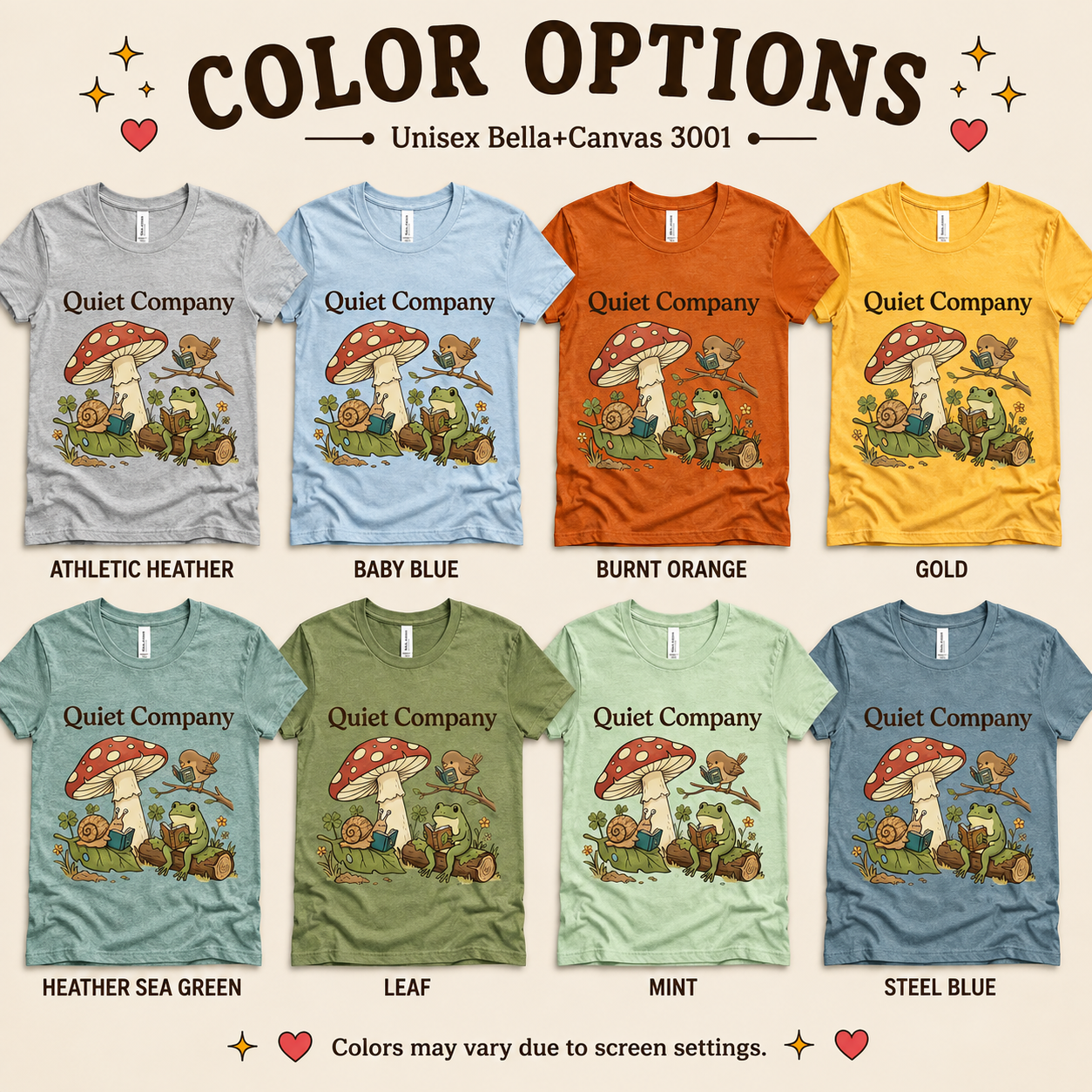 A color chart showing all the color options for Quiet Company nature lovers graphic t-shirt.