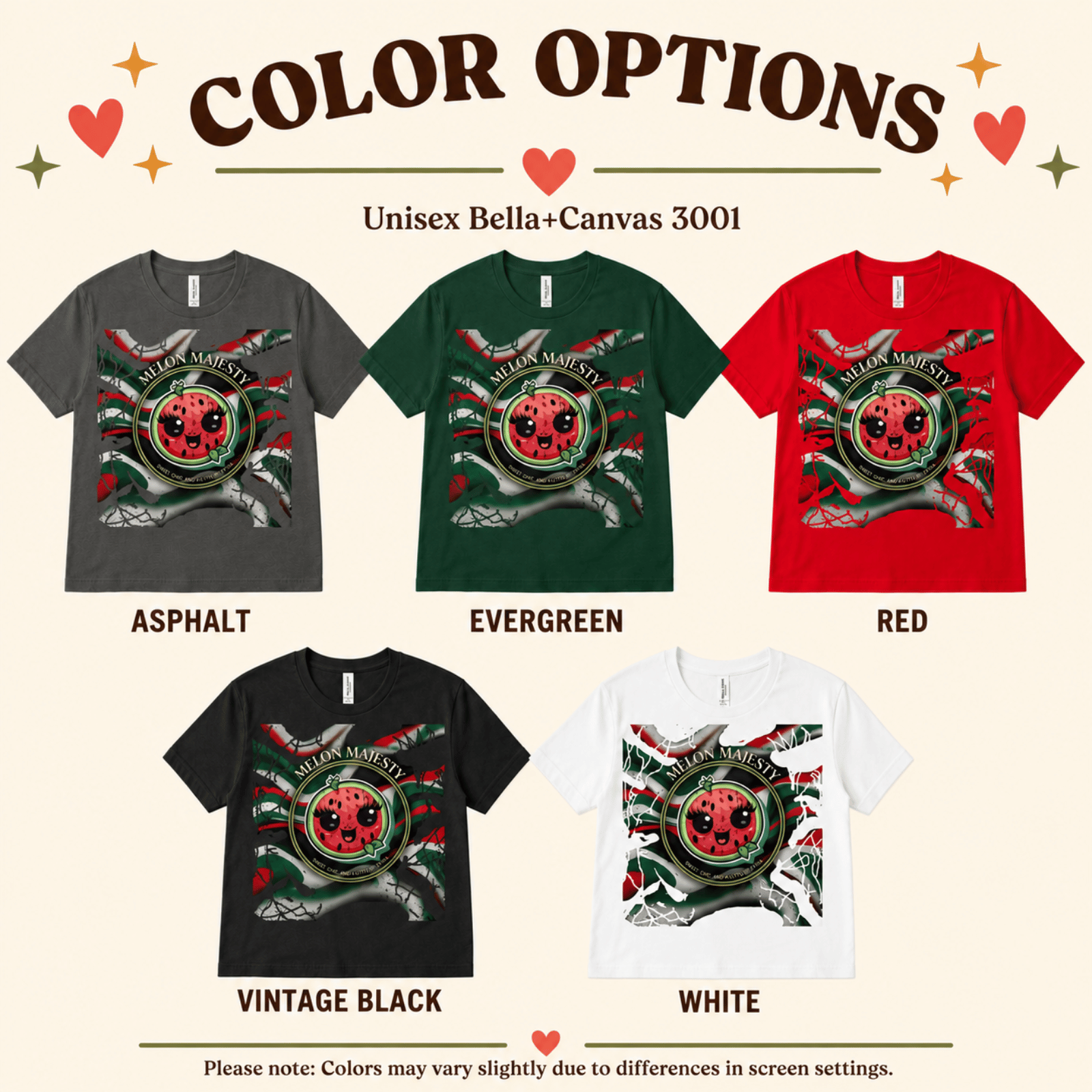 Melon Majesty color chart showing all color options available for this graphic t-shirt.
