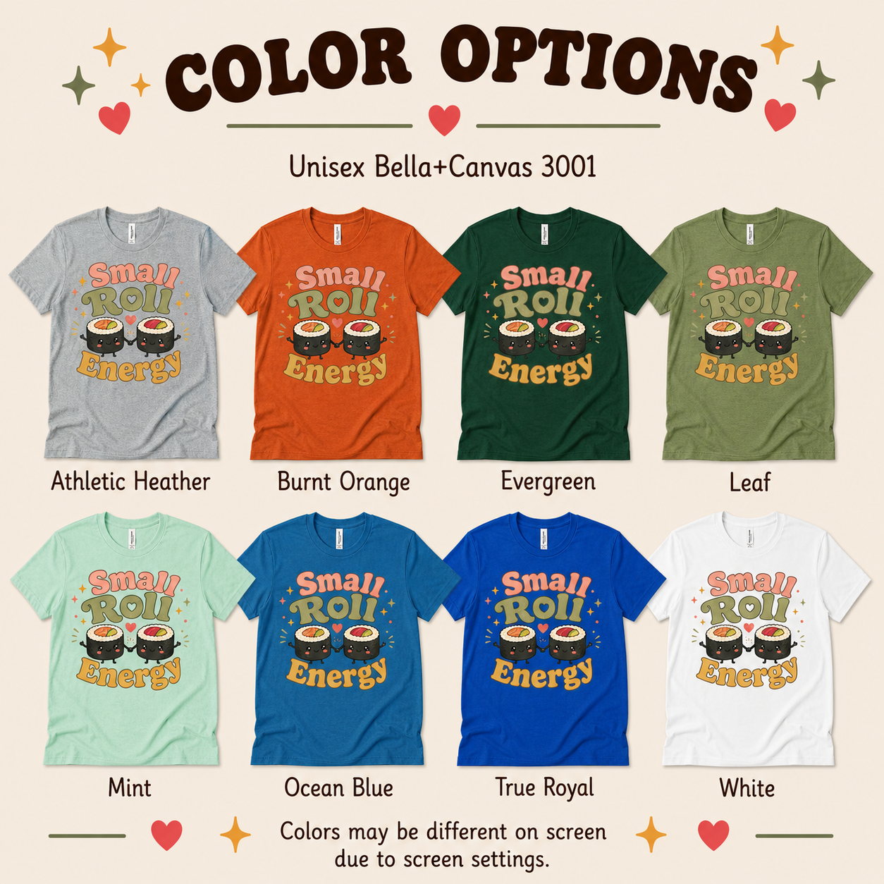 Small Roll Energy color chart showing all color options available for this graphic t-shirt.