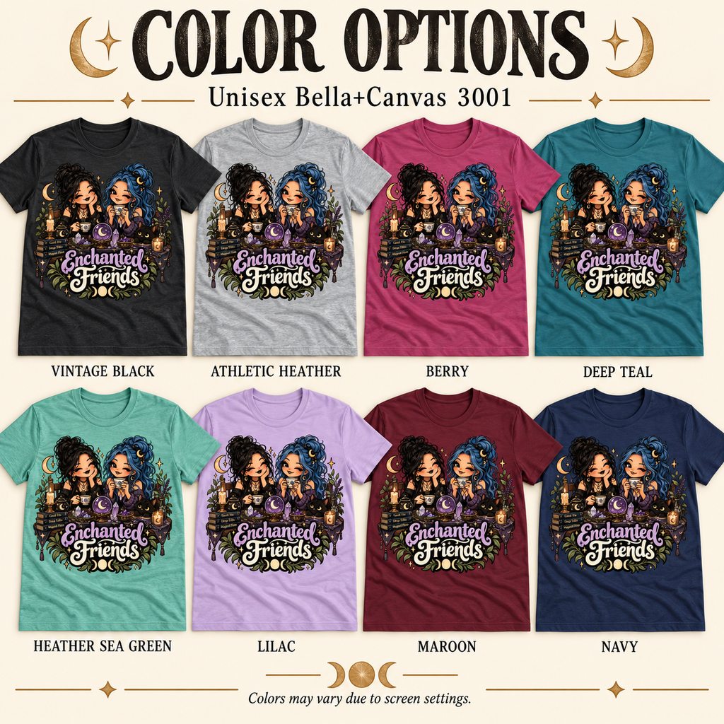 A color chart showing all the color options for Enchanted Friends witchy celestial graphic t-shirt.