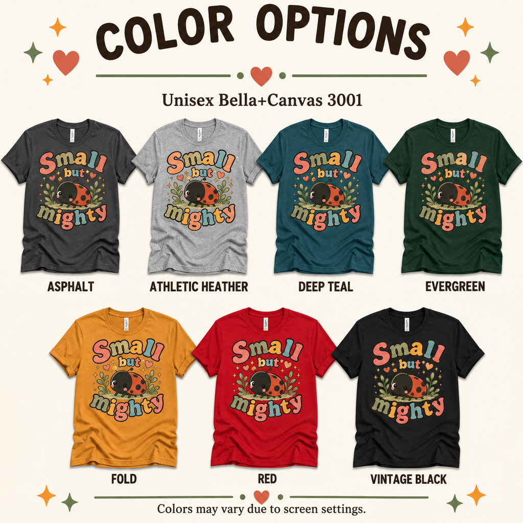 A color chart showing all the color options for Small But Mighty cute animal graphic t-shirt.