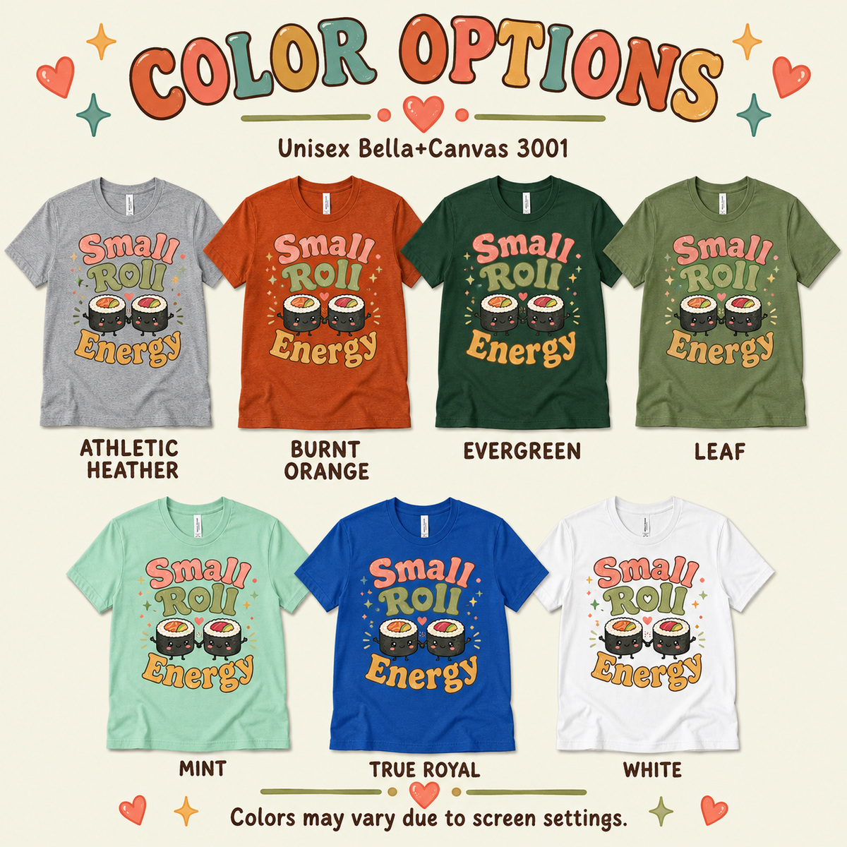 A color chart showing all the color options for Small Roll Energy kawaii graphic t-shirt.