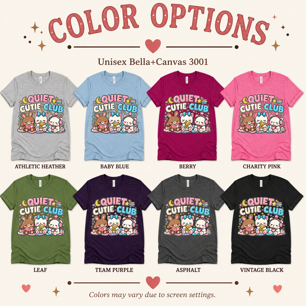 A color chart showing all the color options for Quiet Cutie Club cute animal graphic t-shirt.