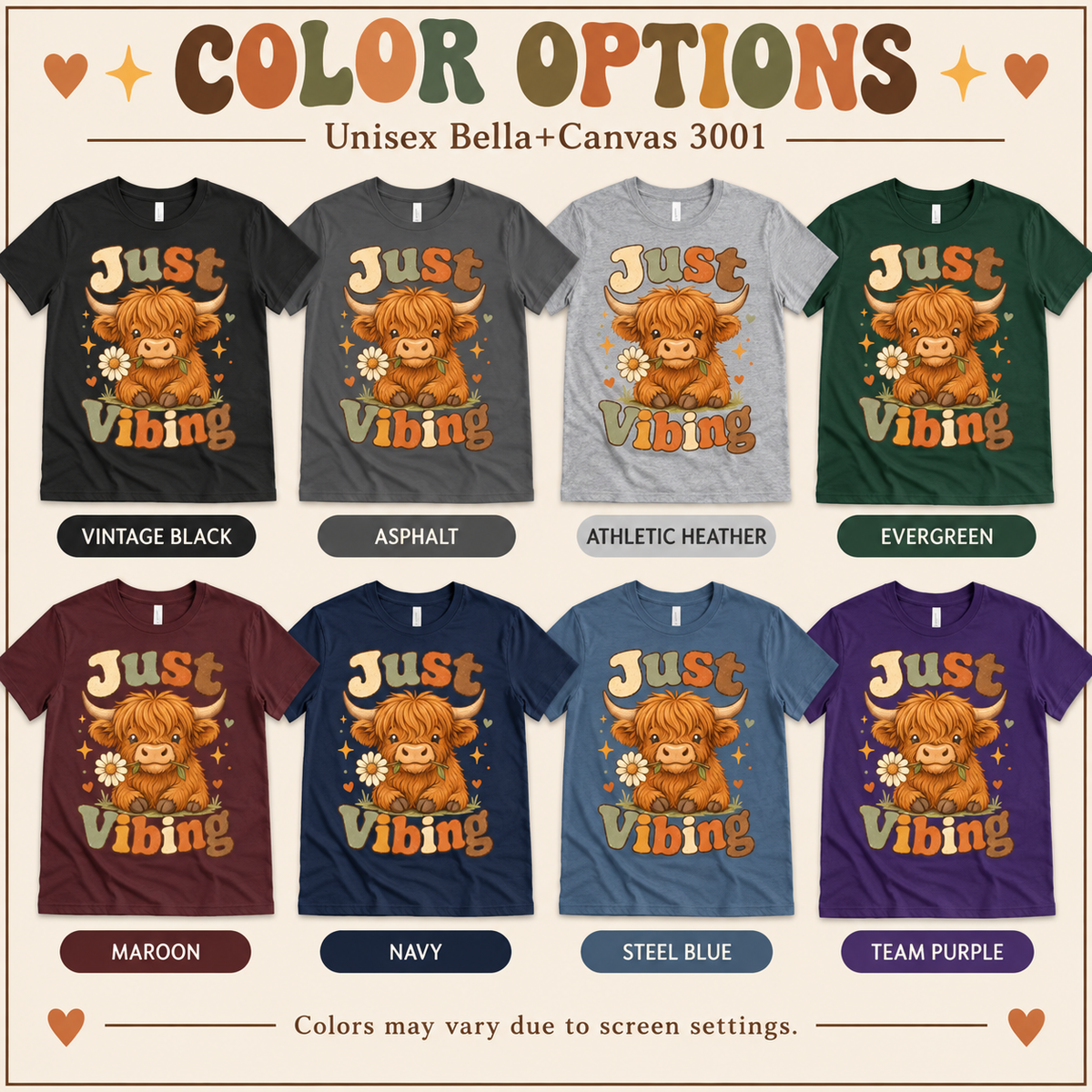A color chart showing all the color options for Just Vibing Cow cute animal graphic t-shirt.