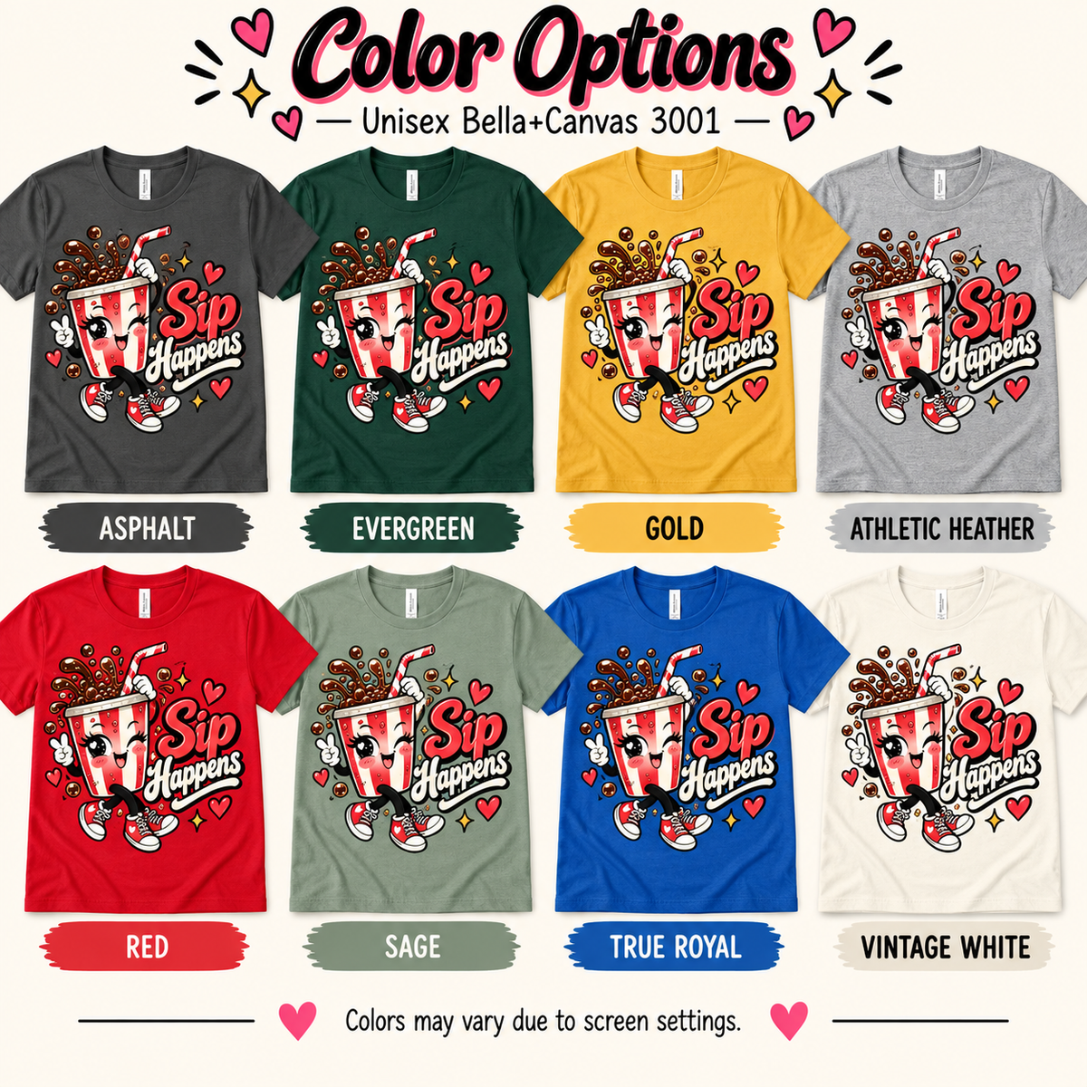 A color chart showing all the color options for Sip Happens retro food graphic t-shirt.