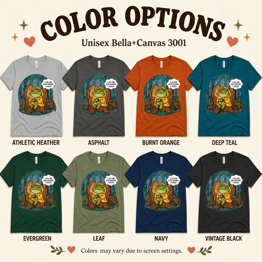 A color chart showing all the color options for One With Nature funny nature graphic t-shirt.