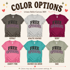 A color chart showing all the color options for Free Opinions funny introvert graphic t-shirt.