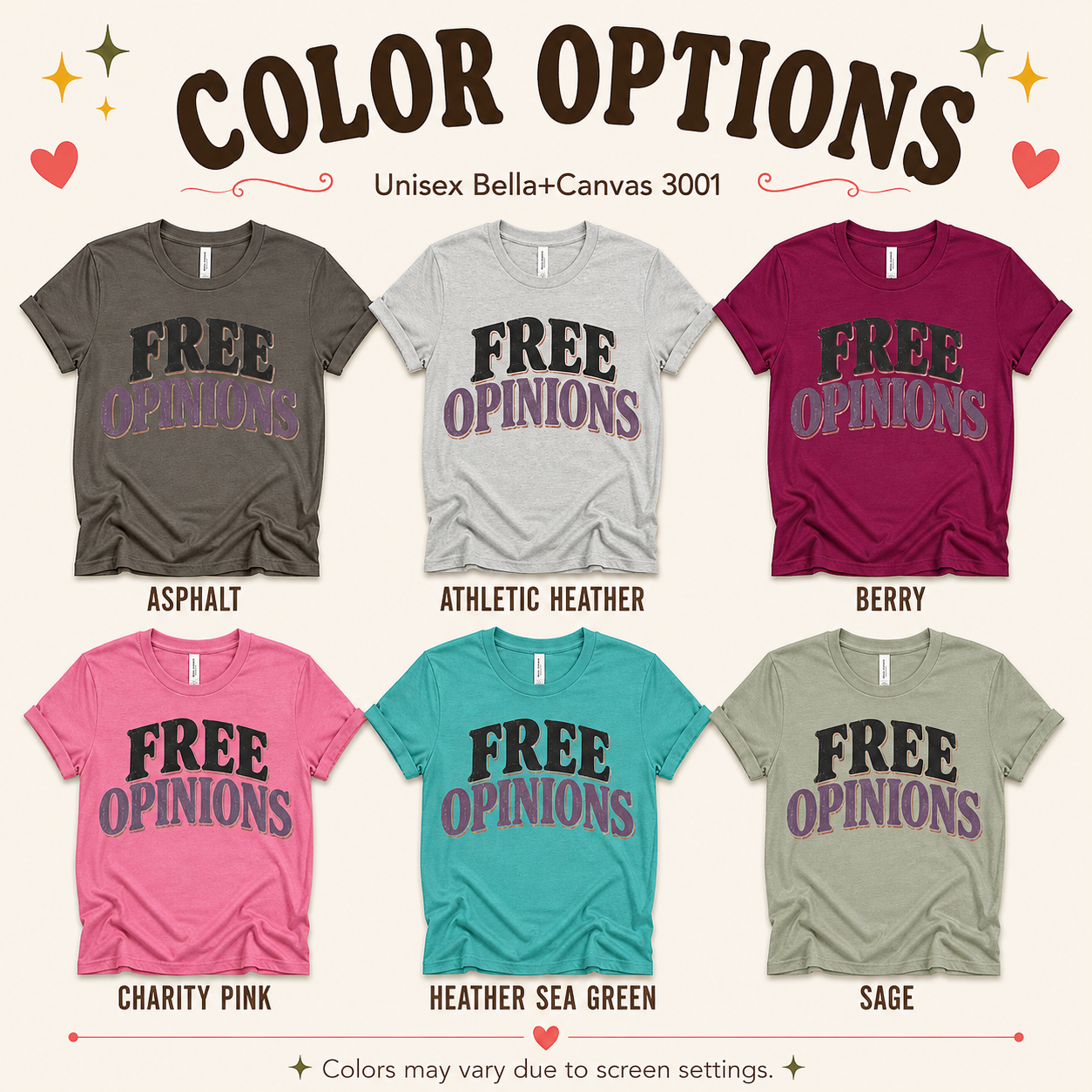 A color chart showing all the color options for Free Opinions funny introvert graphic t-shirt.