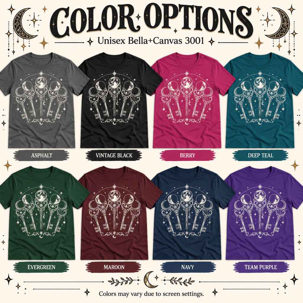 A color chart showing all the color options for Moon Phase Keys celestial graphic t-shirt.