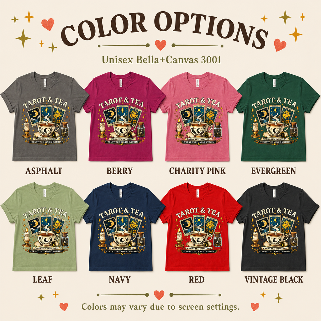 A color chart showing all the color options for Tarot & Tea celestial graphic t-shirt.
