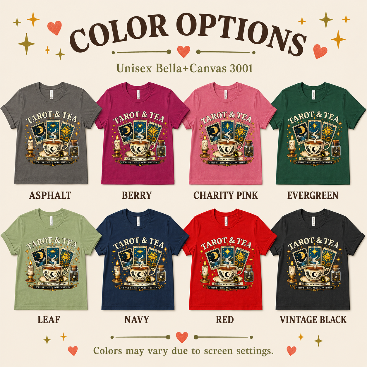 A color chart showing all the color options for Tarot & Tea celestial graphic t-shirt.