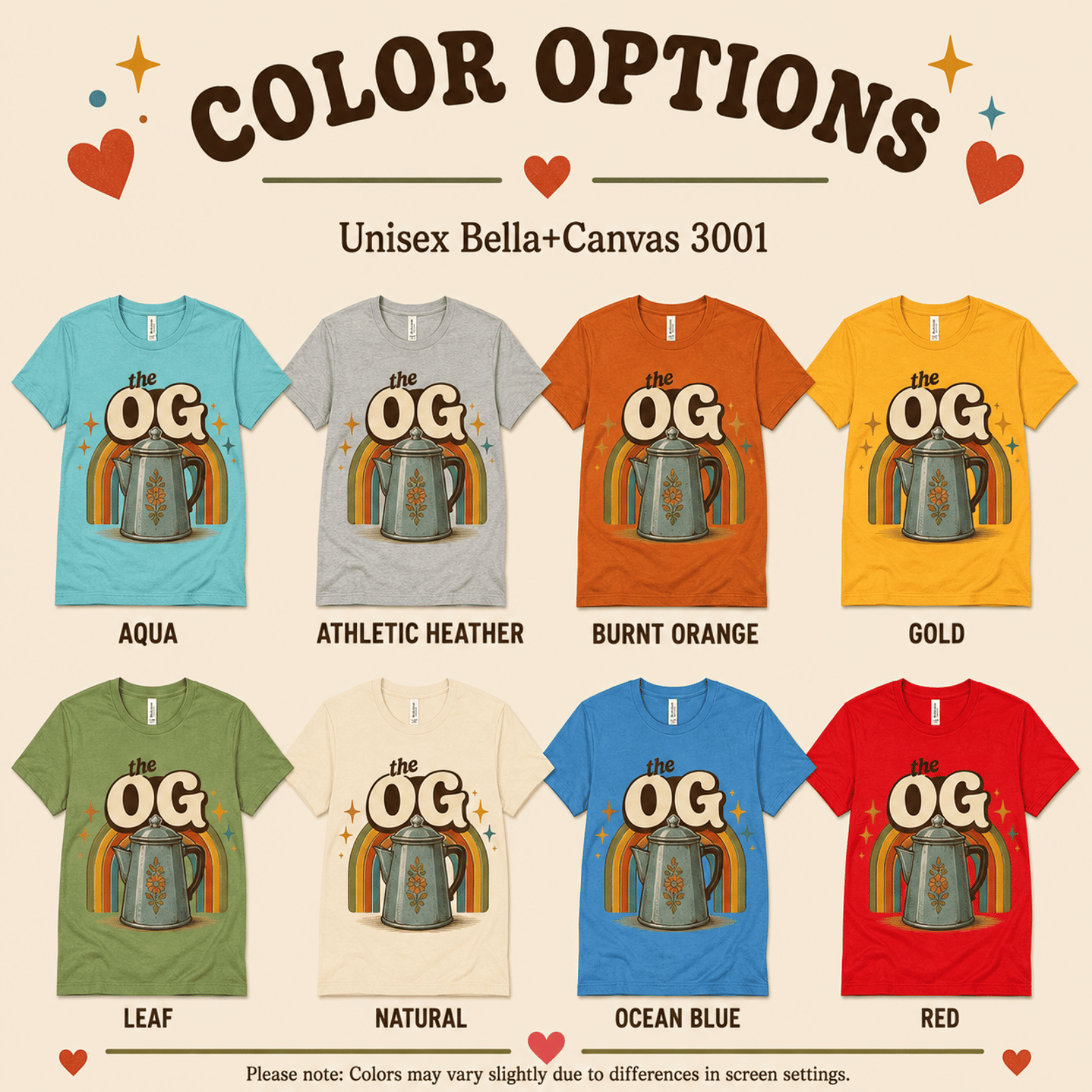 The OG color chart showing all color options available for this graphic t-shirt.