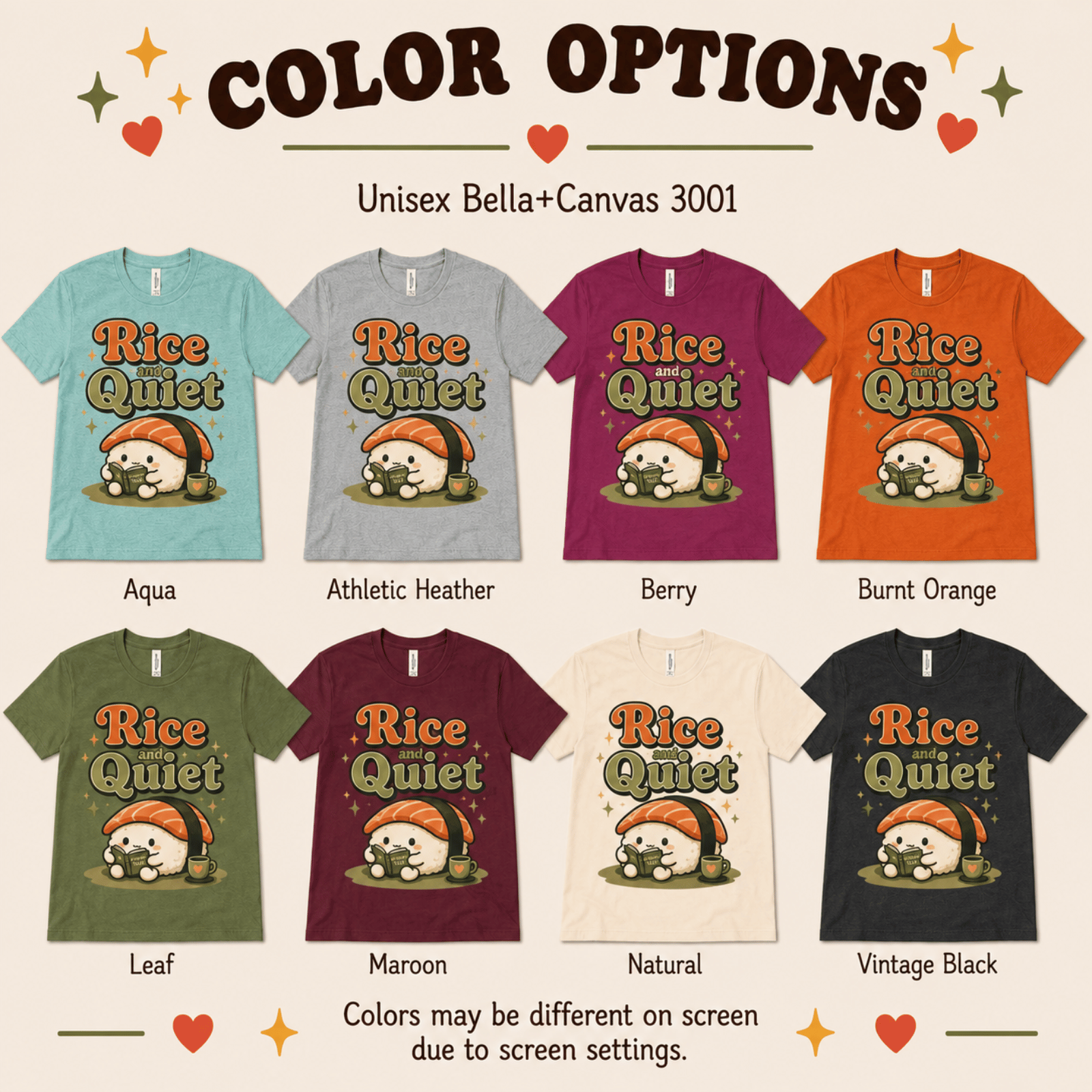 Rice And Quiet color chart showing all color options available for this graphic t-shirt.
