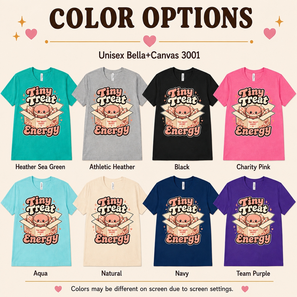 Tiny Treat Energy color chart showing all color options available for this graphic t-shirt.