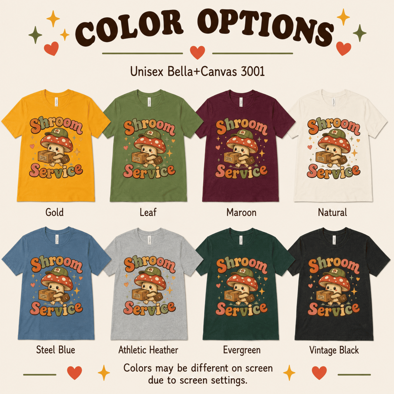 Shroom Service color chart showing all color options available for this graphic t-shirt.