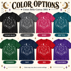 A color chart showing all the color options for Mystical Cat whimsical celestial graphic t-shirt.