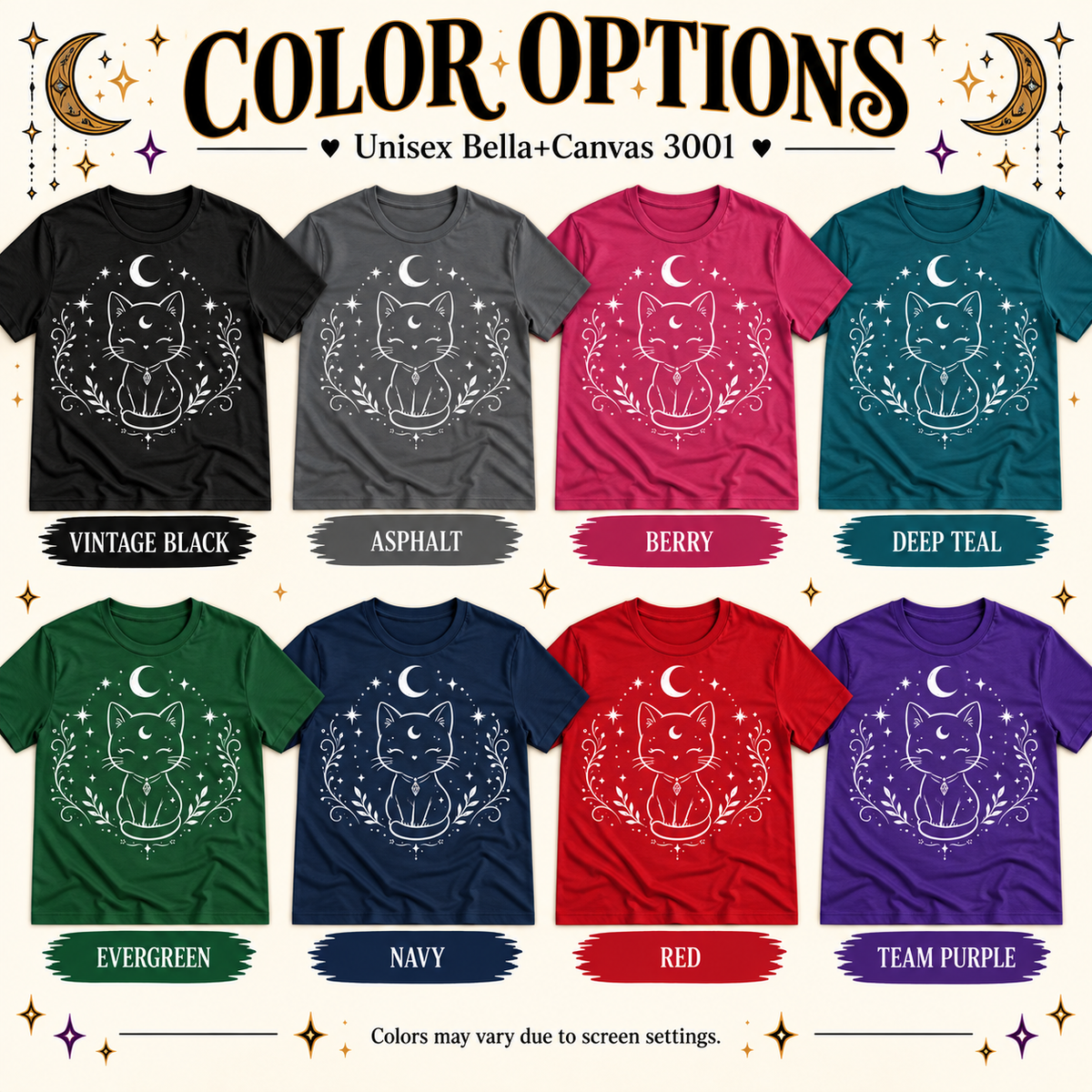 A color chart showing all the color options for Mystical Cat whimsical celestial graphic t-shirt.