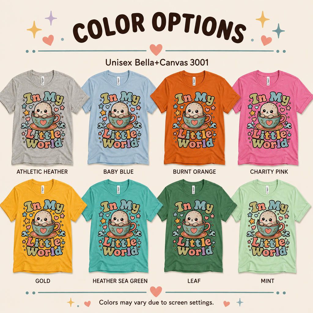 A color chart showing all the color options for In My Little World cute animal graphic t-shirt.