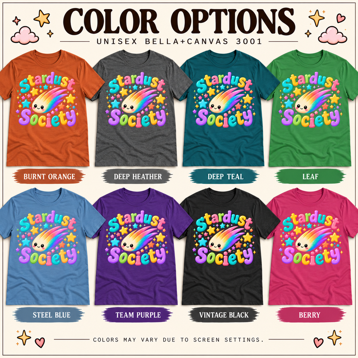 A color chart showing all the color options for Stardust Society cute celestial graphic t-shirt.