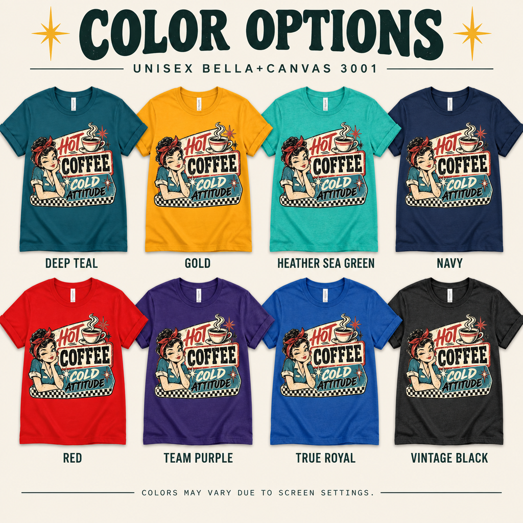 A color chart showing all the color options for Hot Coffee retro coffee graphic t-shirt.
