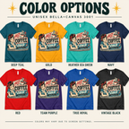 A color chart showing all the color options for Hot Coffee retro coffee graphic t-shirt.