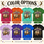 A color chart showing all the color options for Moonlight Society cute celestial graphic t-shirt.