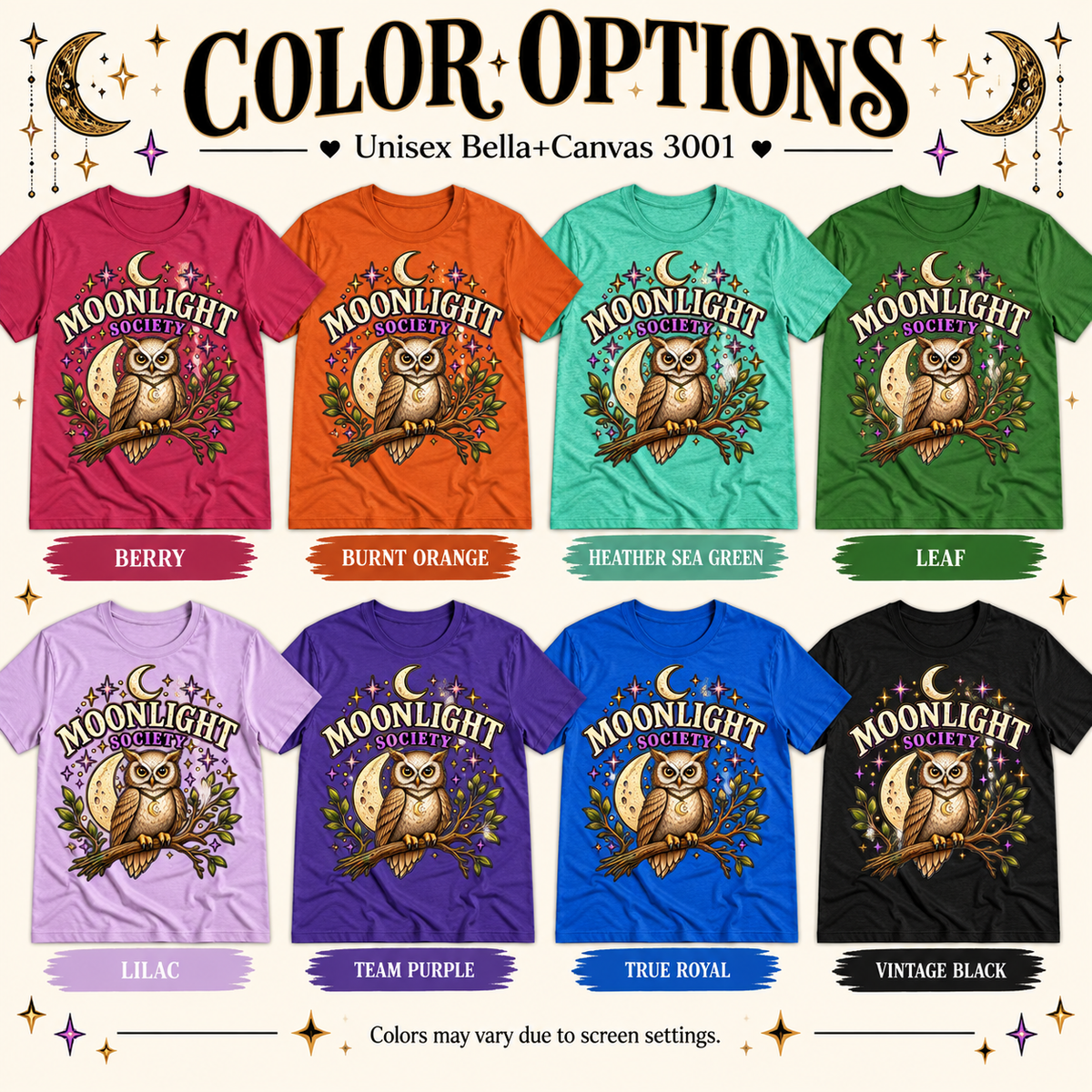 A color chart showing all the color options for Moonlight Society cute celestial graphic t-shirt.