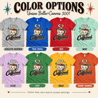 A color chart showing all the color options for Caffeined retro coffee graphic t-shirt.