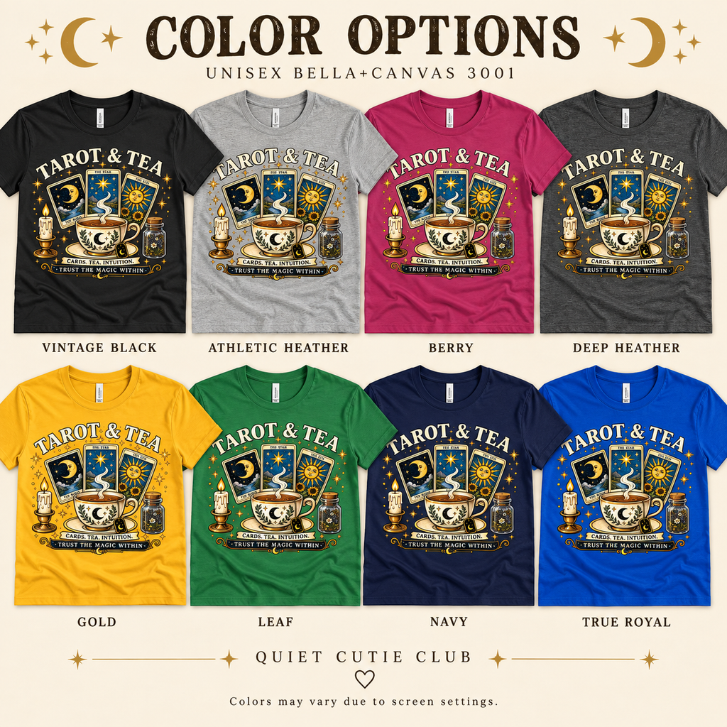 A color chart showing all the color options for Tarot & Tea tarot card graphic t-shirt.