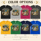 A color chart showing all the color options for Tarot & Tea tarot card graphic t-shirt.