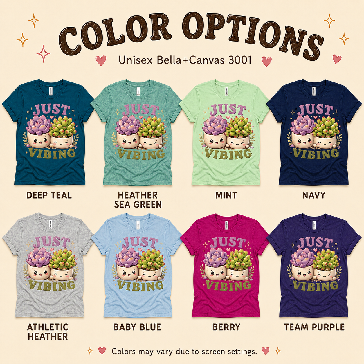 A color chart showing all the color options for Succulent Vibing cute plant graphic t-shirt.