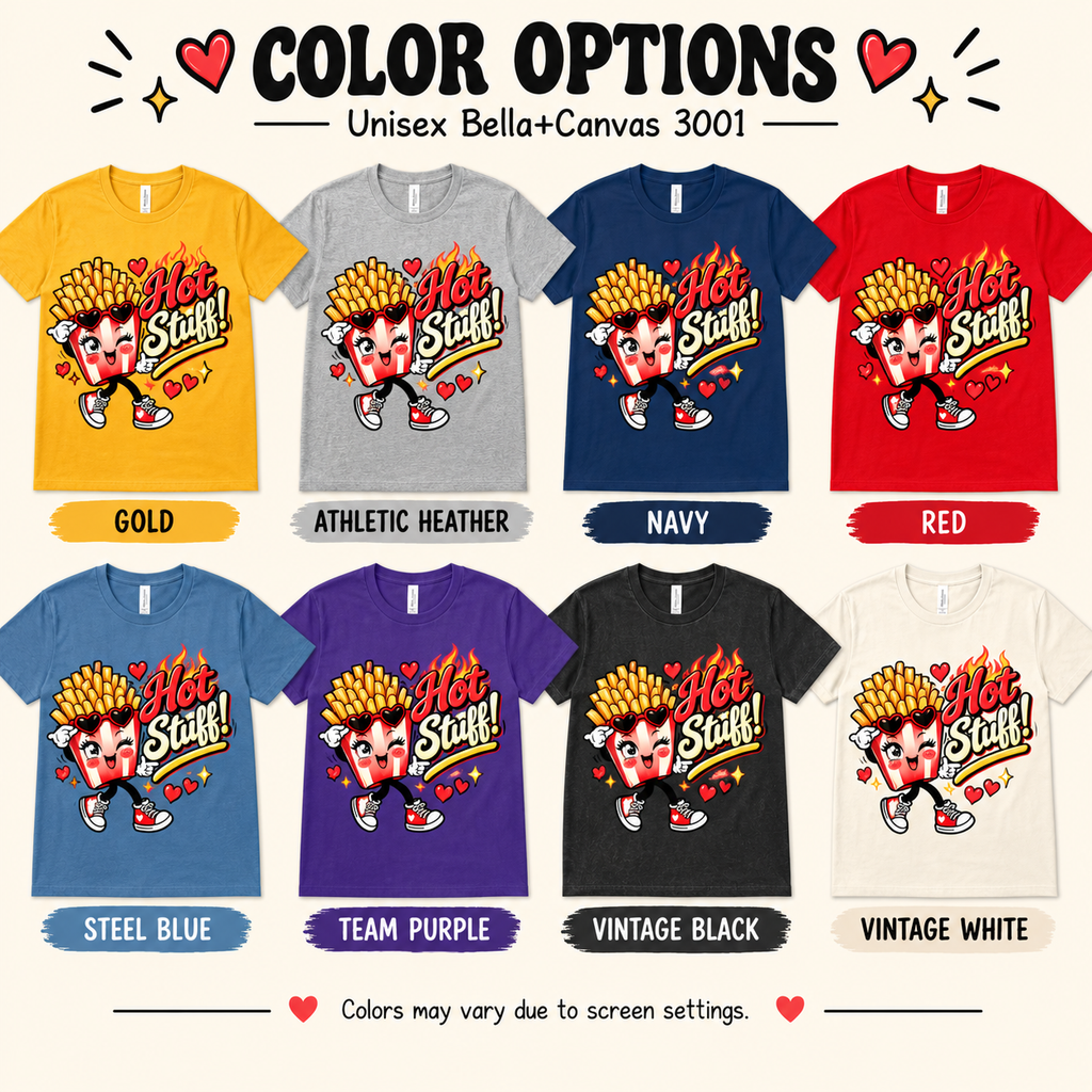 A color chart showing all the color options for Hot Stuff retro food graphic t-shirt.