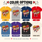 A color chart showing all the color options for Hot Stuff retro food graphic t-shirt.
